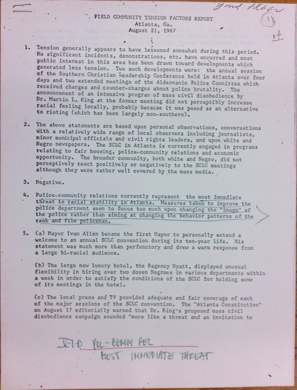 First page of Field Community Tension Factors Report Atlanta, Georgia (August 21) - with handwritten notes