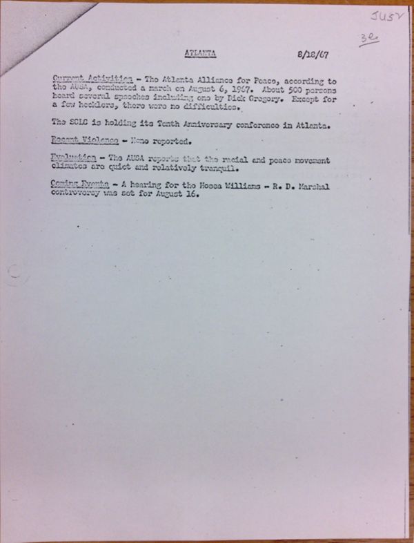 First page of Atlanta report of activities (August 18)