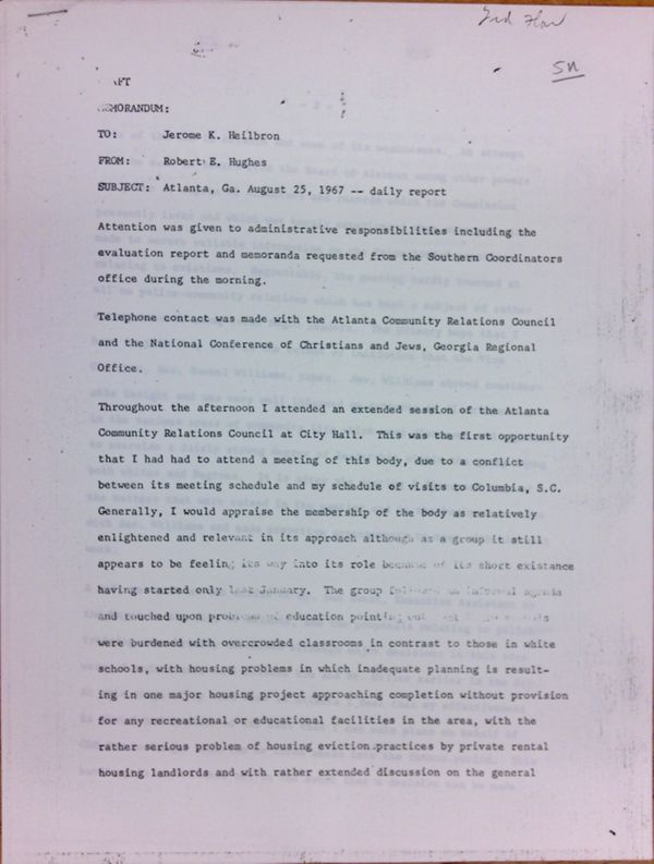 First page of Daily report memo from Robert Hughes to Jerome Heilbron (August 25)
