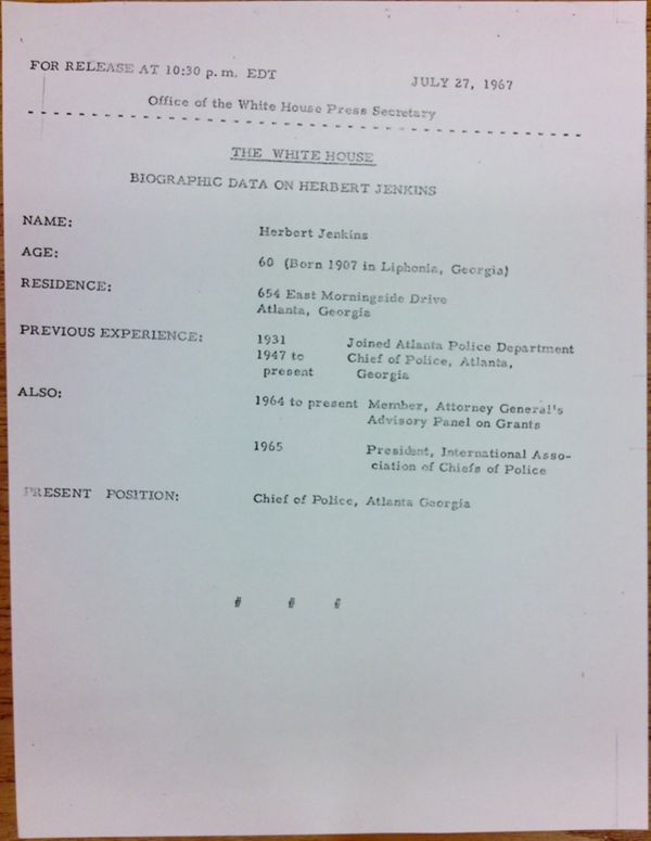 First page of Biographical data on Herbert Jenkins