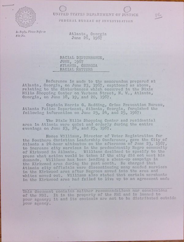 First page of FBI Report: Racial Disturbance June, 1967 Atlanta, Georgia Racial Matters (June 26)