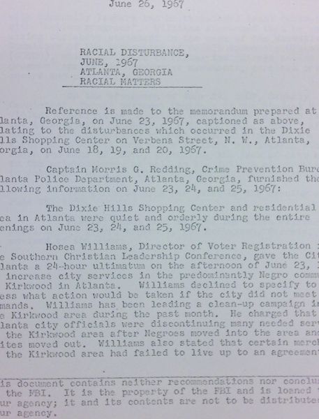 FBI Report: Racial Disturbance June, 1967 Atlanta, Georgia Racial Matters (June 26)