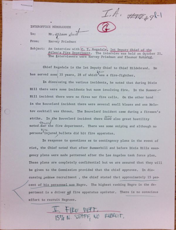 First page of Memo to Isaac Hunt from Harvey Friedman regarding an interview with C.T. Ragsdales - with handwritten notes
