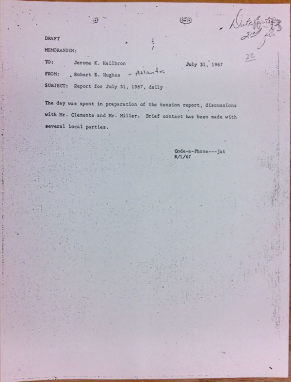 First page of Daily report memo from Robert Hughes to Jerome Heilbron (July 31)