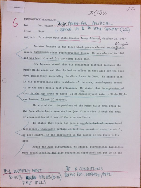 First page of Memo to Mr. Nelson from Isaac Hunt about interview with Leroy Johnson - with handwritten notes