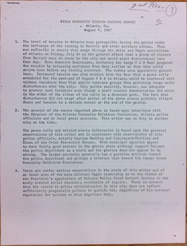 First page of Field Community Tension Factors Report Atlanta, Georgia (August 7) - with handwritten notes