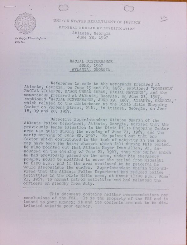 First page of FBI Report: Racial Disturbance June, 1967 Atlanta, Georgia (June 22)