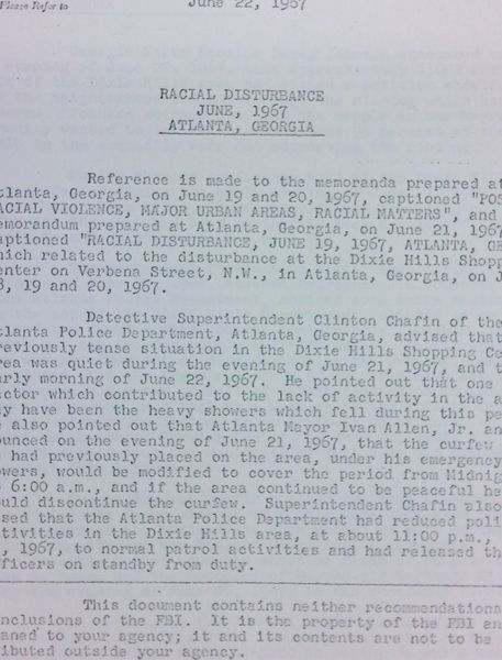 FBI Report: Racial Disturbance June, 1967 Atlanta, Georgia (June 22)