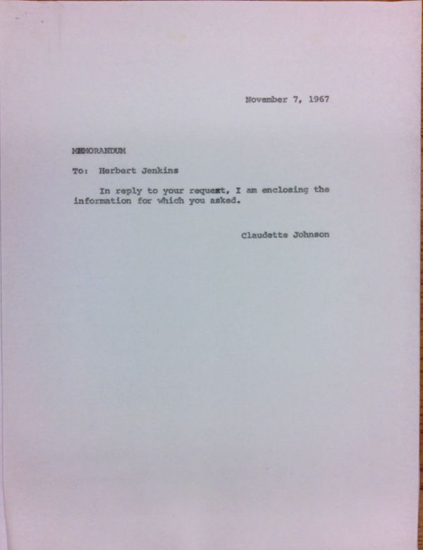 First page of Memo from Claudette Johnson to Herbert Jenkins with attached Department of Justice report