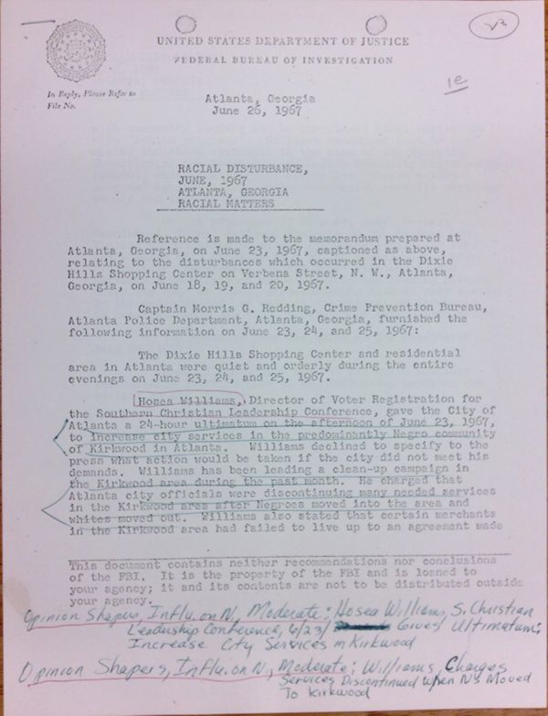 First page of FBI Report: Racial Disturbance, June, 1967 Atlanta, Georgia Racial Matters (June 26) - with handwritten notes