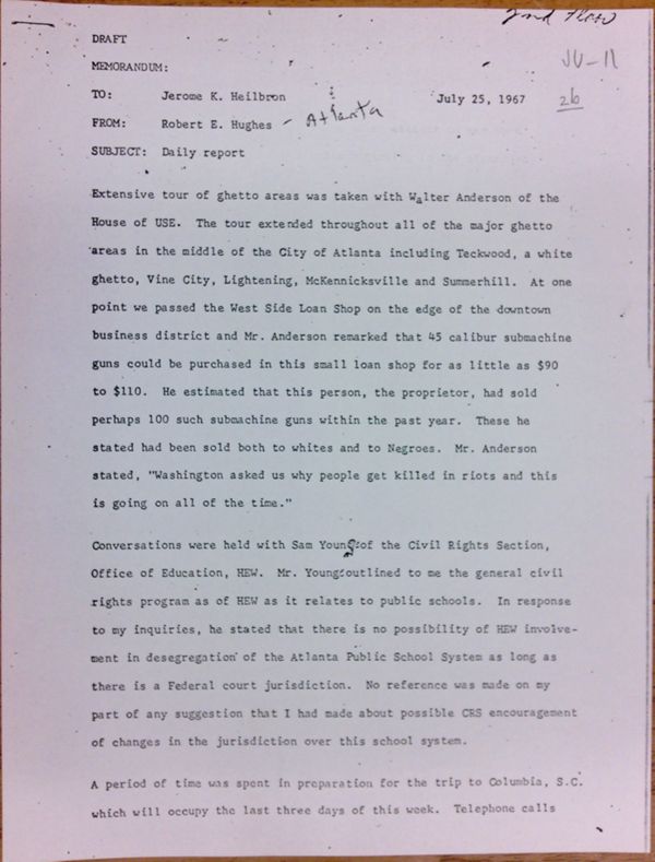 First page of Daily report memo from Robert Hughes to Jerome Heilbron (July 25)