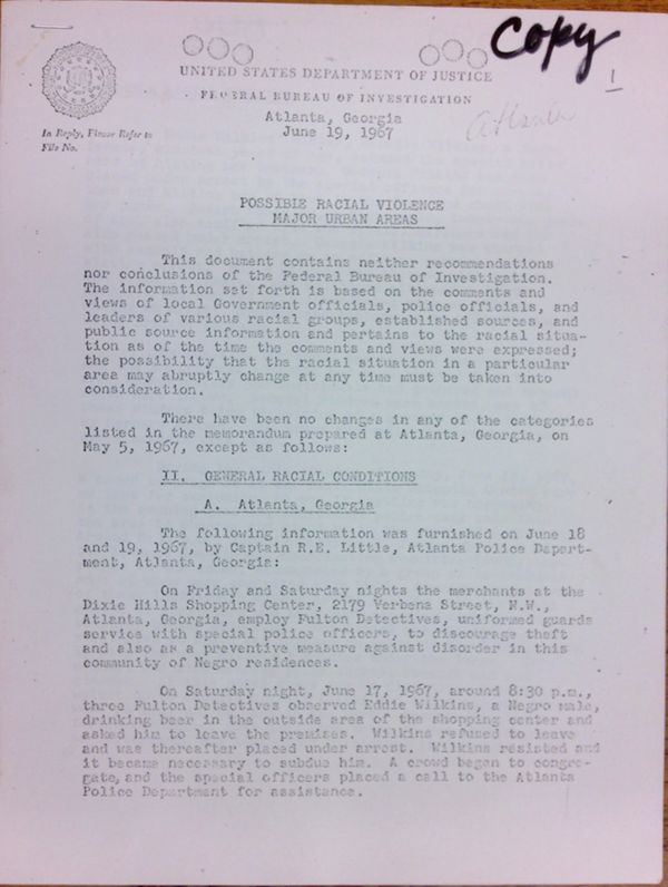 First page of FBI Report: Possible Racial Violence Major Urban Areas (June 19)