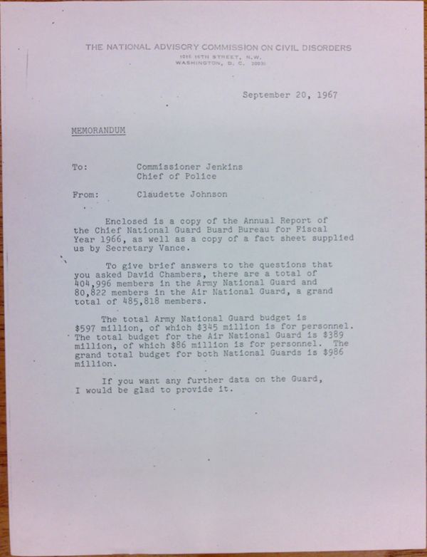 First page of Memo from Claudette Johnson to Herbert Jenkins (September 20)