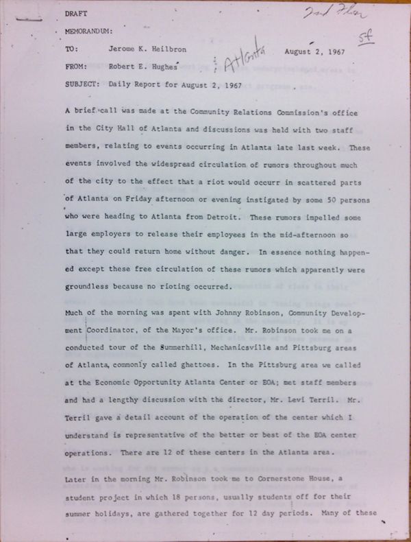 First page of Daily report memo from Robert Hughes to Jerome Heilbron (August 2)