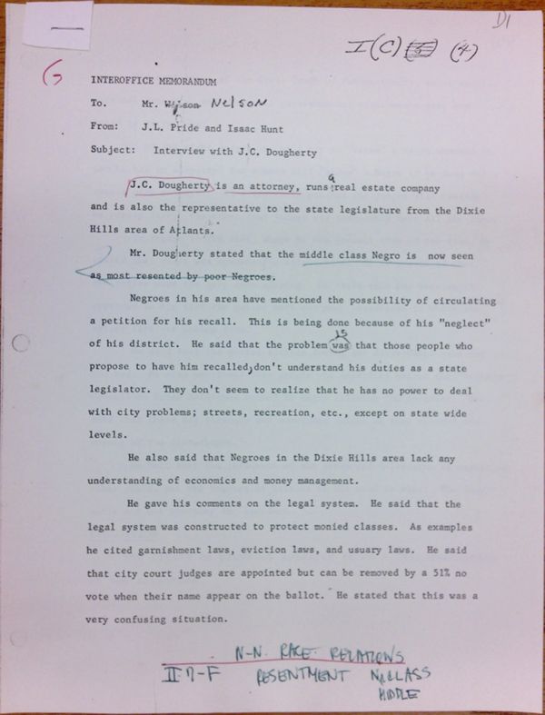 First page of Memo to Mr. Nelson from J.L. Pride and Issac Hunt regarding an interview with J.C. Dougherty