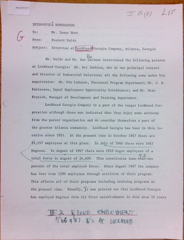 First page of Memo to Isaac Hunt from Everett Waldo regarding an interview at Lockheed Georgia Company - with handwritten notes