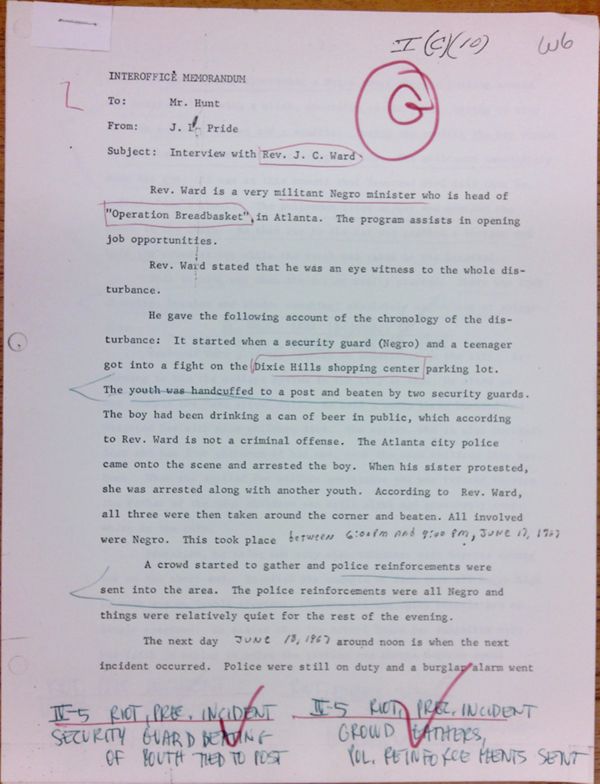 First page of Memo to Isaac Hunt from J.L. Pride regarding an interview with J.C. Ward - with handwritten notes