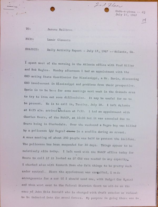 First page of Daily report memo from Lamar Clements to Jerome Heilbron (July 17) - with handwritten edits