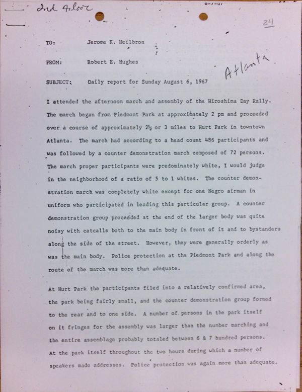 First page of Daily report memo from Robert Hughes to Jerome Heilbron (August 6)