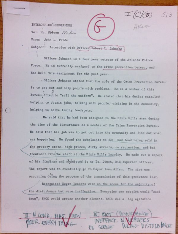 First page of Memo to Mr. Nelson from John L. Pride regarding an interview with Robert L. Johnson - with handwritten notes