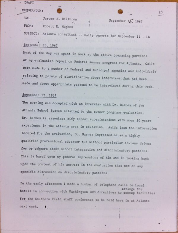 First page of Daily report memo from Robert Hughes to Jerome Heilbron (September 15)