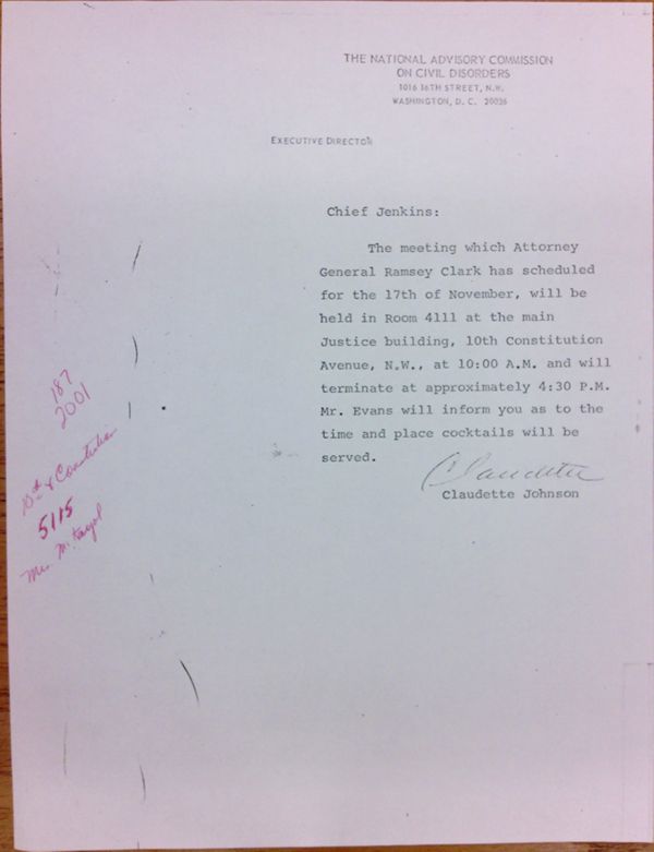 First page of Note from Claudette Johnson to Herbert Jenkins regarding a meeting with Ramsey Clark