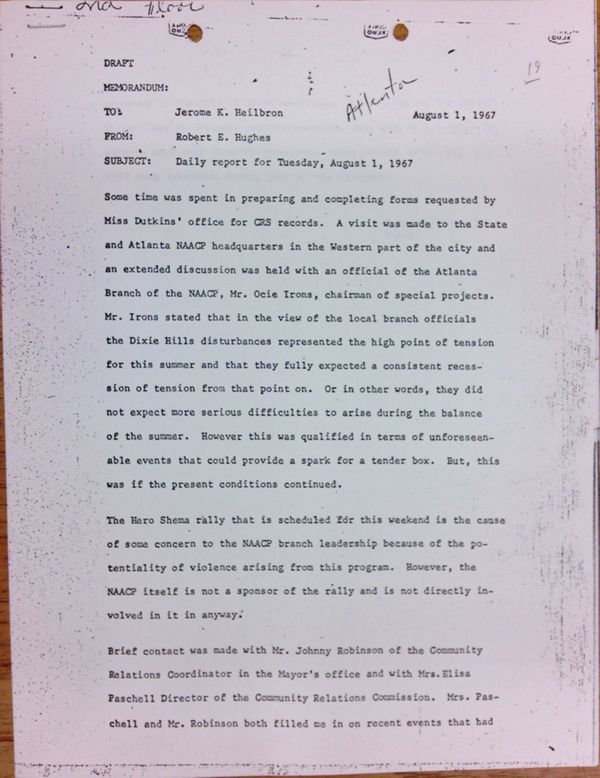First page of Daily report memo from Robert Hughes to Jerome Heilbron (August 1)