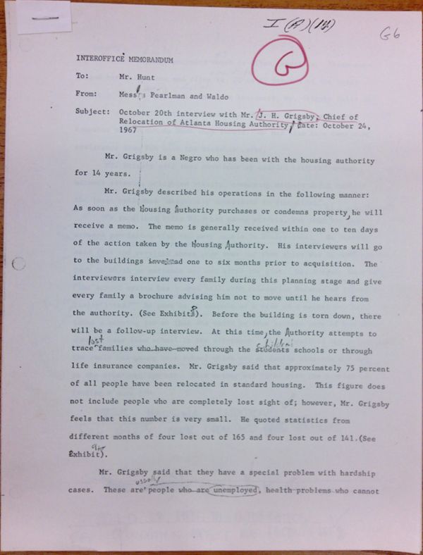 First page of Memo to Isaac Hunt from Daniel Pearlman and Everett Waldo regarding an interview with J.H. Grigsby - with handwritten notes