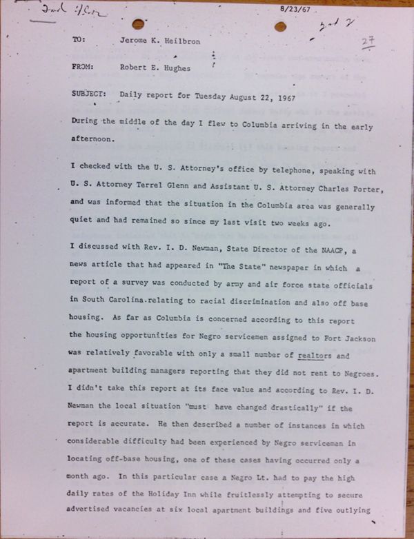 First page of Daily report memo from Robert Hughes to Jerome Heilbron (August 22)