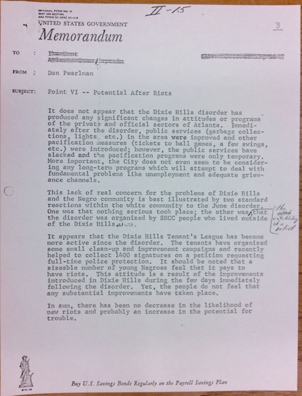 First page of Memo Point VI - Potential After Riots