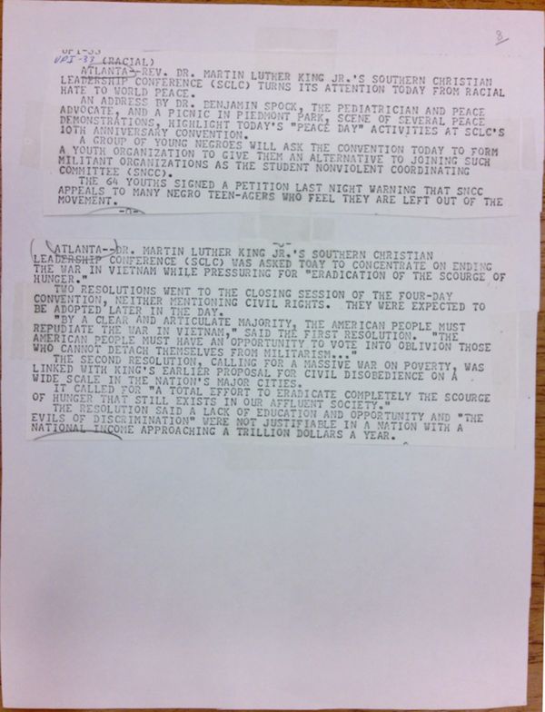 First page of Photocopies of two press relases about Martin Luther King Jr. and the Southern Christian Leadership Conference in Atlanta