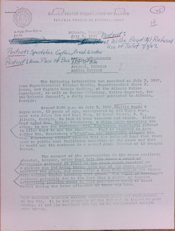 First page of FBI Report: Racial Disturbance July 3, 1967 Atlanta, Georgia Racial Matters (July 5) - with handwritten notes