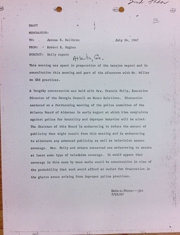 First page of Daily report memo from Robert Hughes to Jerome Heilbron (July 24)
