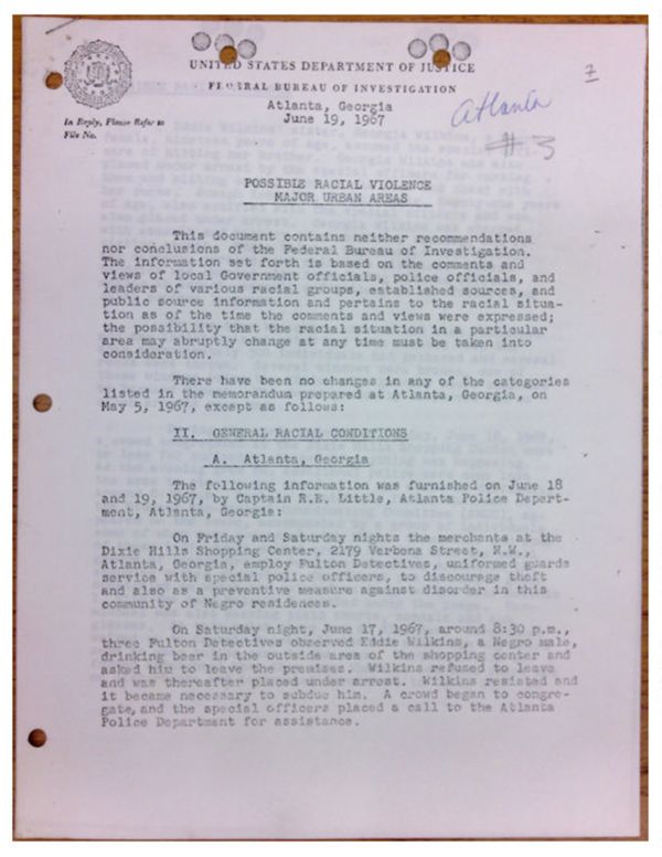 First page of FBI Report: Possible Racial Violence Major Urban Areas (June 19)