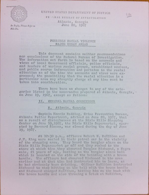 First page of FBI Report: Possible Racial Violence Major Urban Areas (June 20)