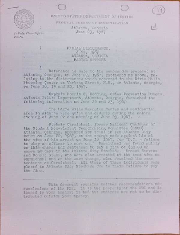 First page of FBI Report: Racial Disturbance June, 1967 Atlanta, Georgia Racial Matters (June 23) - with handwritten notes