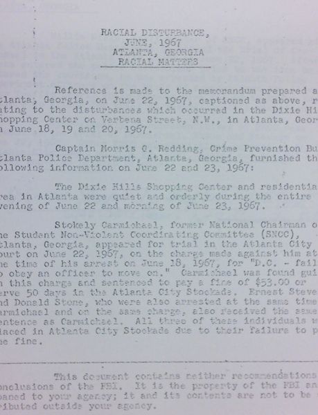 FBI Report: Racial Disturbance June, 1967 Atlanta, Georgia Racial Matters (June 23) - with handwritten notes