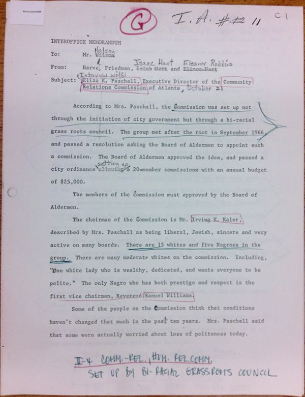 First page of Memo to Mr. Nelson from Harvey Friedman, Isaac Hunt, and Eleanor Robbins regarding an interview with Eliza K. Pascall