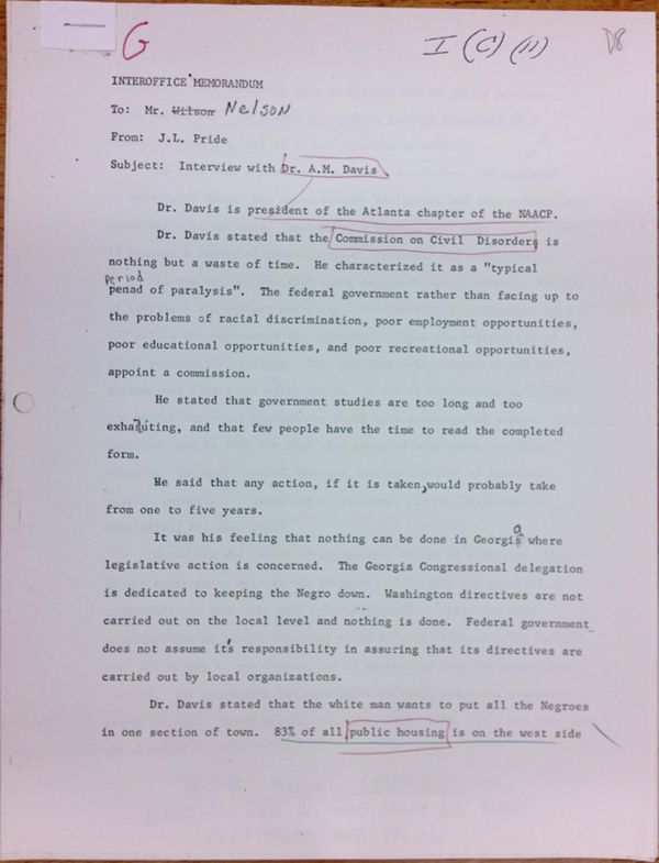 First page of Memo to Mr. Nelson from J.L. Pride regarding an interview with Dr. A.M. Davis - with handwritten notes