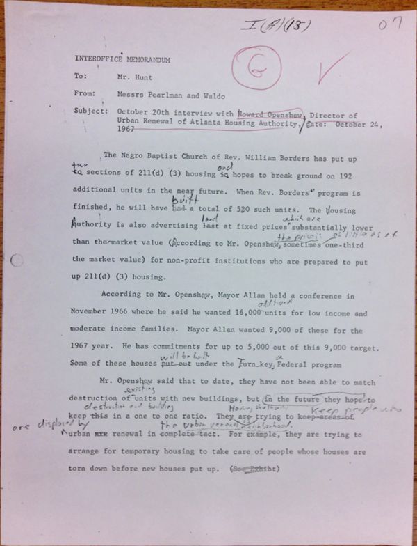 First page of Memo to Isaac Hunt from Daniel Pearlman and Everett Waldo regarding an interview with Howard Openshaw - with handwritten notes