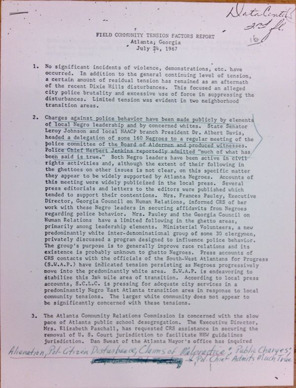 First page of Field Community Tension Factors Report Atlanta, Georgia (July 24) - with handwritten notes