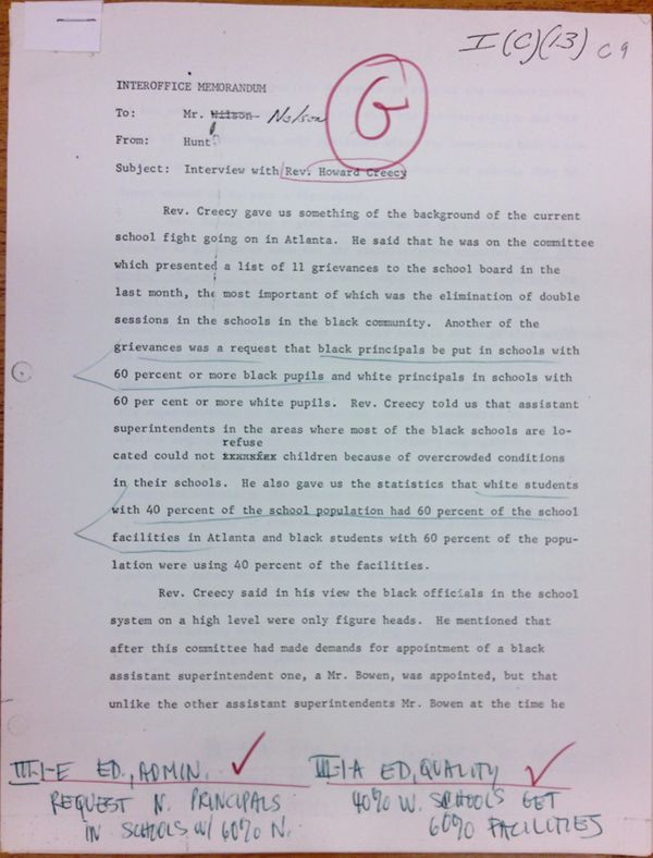 First page of Memo to Mr. Nelson from Isaac Hunt regarding an interview with Reverend Howard Creecy - with handwritten notes