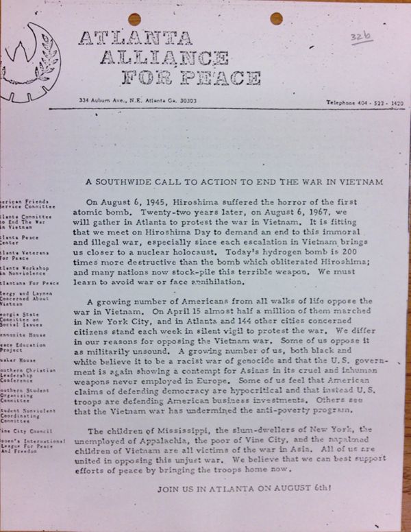 First page of Atlanta Alliance For Peace anti-Vietnam War flyer