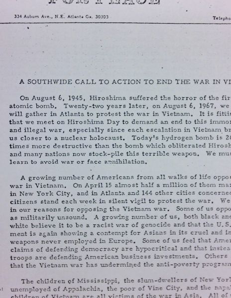 Atlanta Alliance For Peace anti-Vietnam War flyer