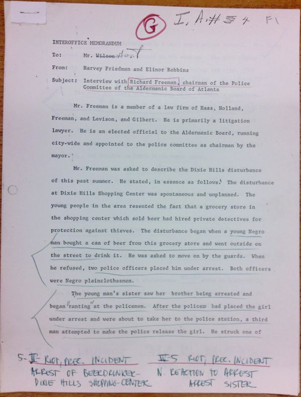 First page of Memo to Isaac Hunt from Harvey Friedman and Eleanor Robbins regarding an interview with Richard Freeman - with handwritten notes