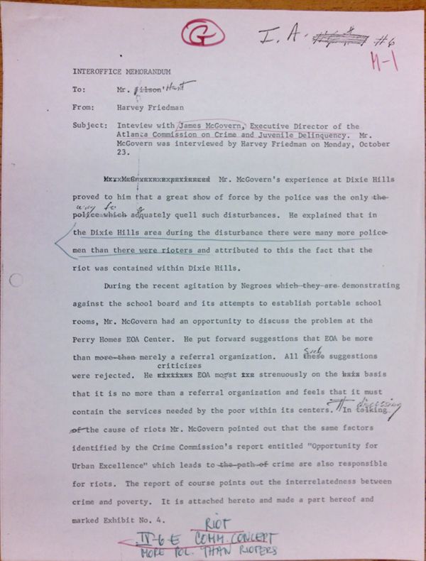 First page of Memo to Isaac Hunt from Harvey Friedman regarding an interview with James McGovern - with handwritten notes