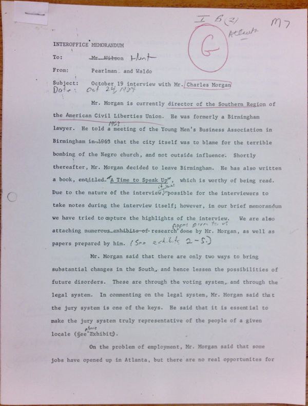 First page of Memo to Isaac Hunt from Daniel Pearlman and Everett Waldo regarding an interview with Charles Morgan - with handwritten notes