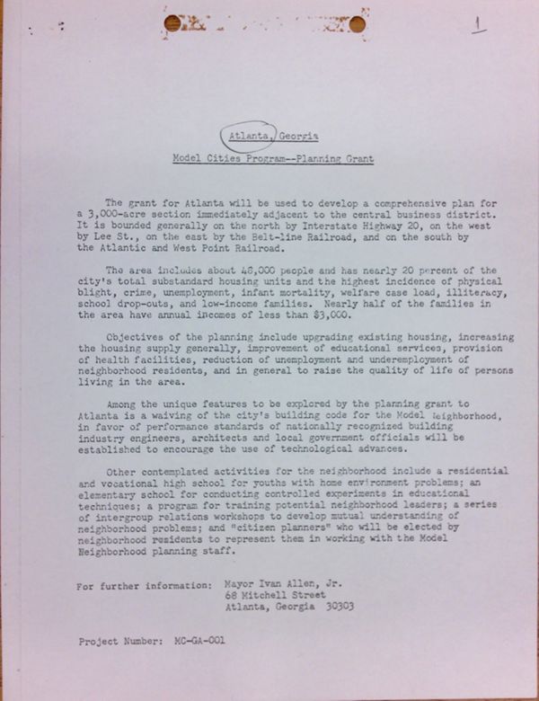 First page of Model Cities Program planning grant application
