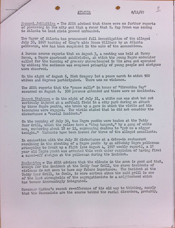 First page of Atlanta report of activities (August 11)