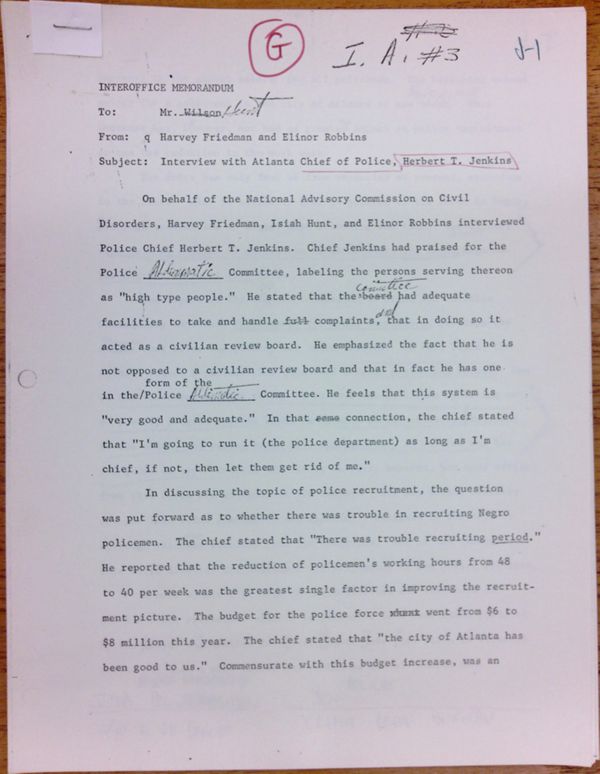 First page of Memo to Isaac Hunt from Harvey Friedman and Eleanor Robbins regarding an interview with Herbert T. Jenkins - with handwritten notes